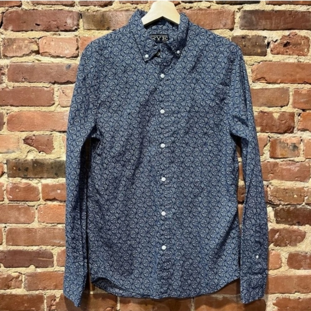 RYE Toby Summerweight Slub Poplin Shirt Button Down Medium Tall Slim Leaf Print